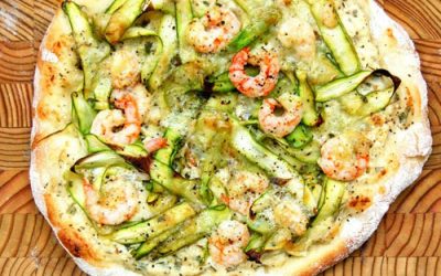 Pizza aux asperges, crevettes nordiques et Gré des champs